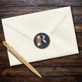 Pegatina Redonda Letra Gold R Elegante Monograma Floral