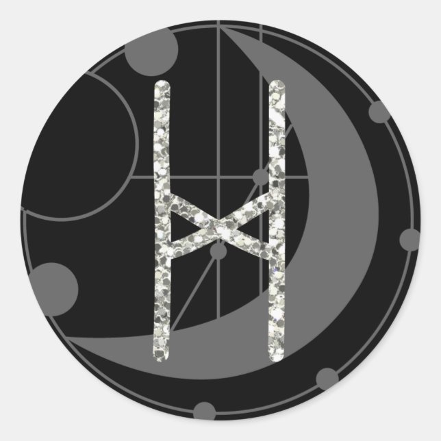 Pegatina Redonda Letra H Rune Rune Monograma geométrico Luna negra (Anverso)