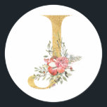 Pegatina Redonda letra J de MONOGRAMA dorado con flores<br><div class="desc">letra J de MONOGRAMA dorado con flores</div>