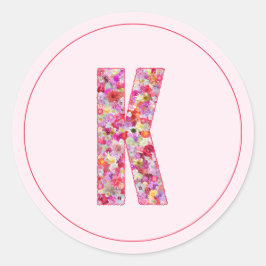 Pegatina Redonda Letra K de monograma floral rosa elegante moderno