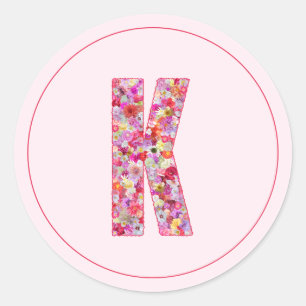 Pegatina Redonda Letra K de monograma floral rosa elegante moderno