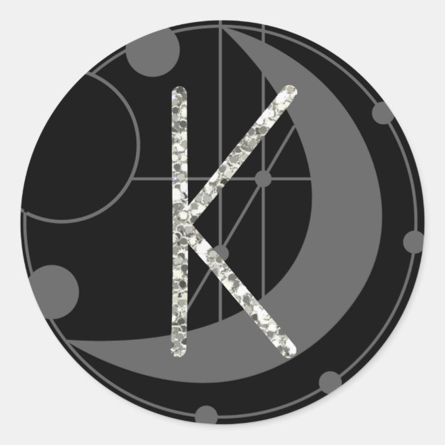 Pegatina Redonda Letra K Rune Rune Monograma geométrico Luna negra (Anverso)