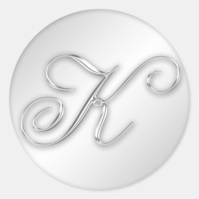 Pegatina Redonda Letra K script inicial faux silver monogram favor (Anverso)