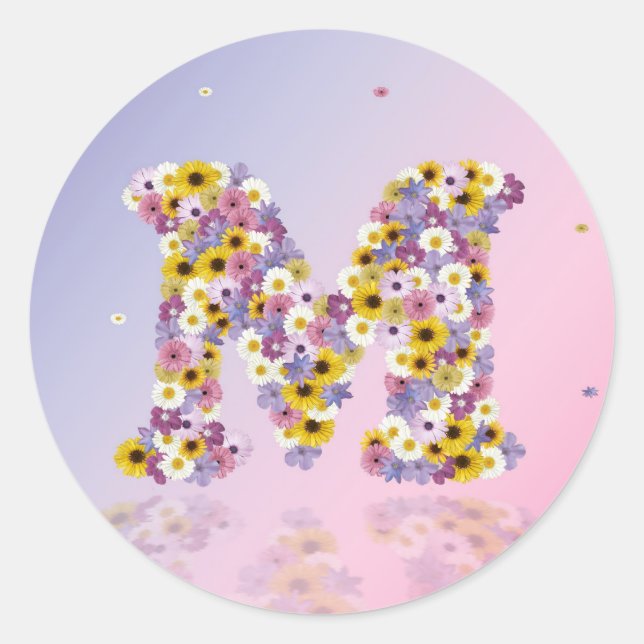 Pegatina Redonda Letra M de las flores (Anverso)