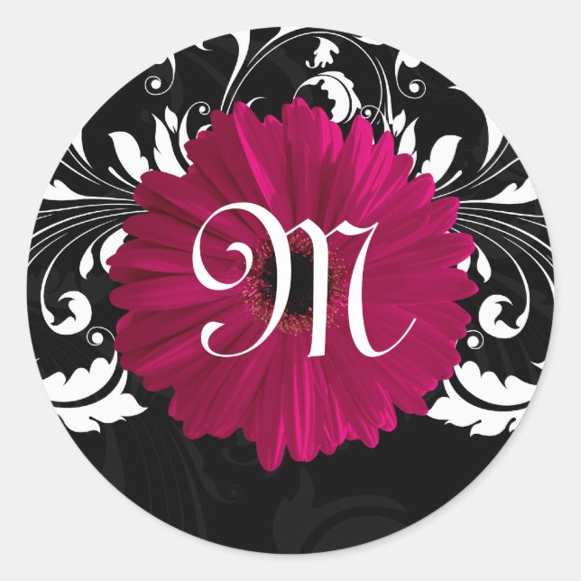 Pegatina Redonda Letra monográfica fucsia, margarita gerbera negra/ (Anverso)