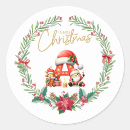 Pegatina Redonda Letra monograma A, Navidades Wreath con Santa Clau