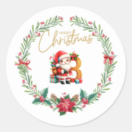 Pegatina Redonda Letra monograma B, Navidades Wreath con Santa Clau