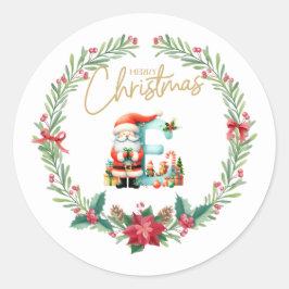 Pegatina Redonda Letra monograma E, Navidades Wreath con Santa Clau