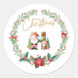 Pegatina Redonda Letra monograma H, Navidades Wreath con Santa Clau