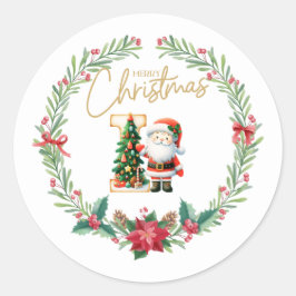Pegatina Redonda Letra monograma I, Navidades Wreath con Santa Clau