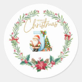Pegatina Redonda Letra monograma J, Navidades Wreath con Santa Clau