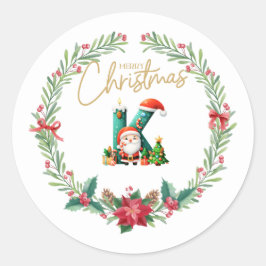 Pegatina Redonda Letra monograma K, Navidades Wreath con Santa Clau
