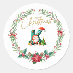 Pegatina Redonda Letra monograma K, Navidades Wreath con Santa Clau