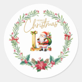 Pegatina Redonda Letra monograma L, Navidades Wreath con Santa Clau