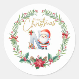 Pegatina Redonda Letra monograma N, Navidades Wreath con Santa Clau
