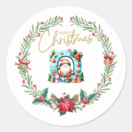 Pegatina Redonda Letra monograma O, Navidades Wreath con Santa Clau