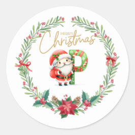 Pegatina Redonda Letra monograma P, Navidades Wreath con Santa Clau