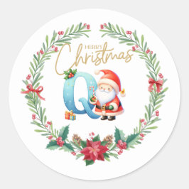 Pegatina Redonda Letra monograma Q, Navidades Wreath con Santa Clau