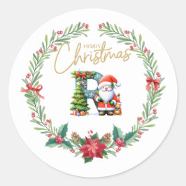 Pegatina Redonda Letra monograma R, Navidades Wreath con Santa Clau