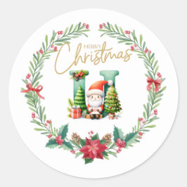 Pegatina Redonda Letra monograma U, Navidades Wreath con Santa Clau