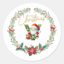 Pegatina Redonda Letra monograma V, Navidades Wreath con Santa Clau