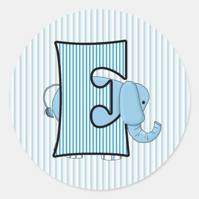 Pegatina Redonda Letra monogramada E de los niños elefante azul (Anverso)
