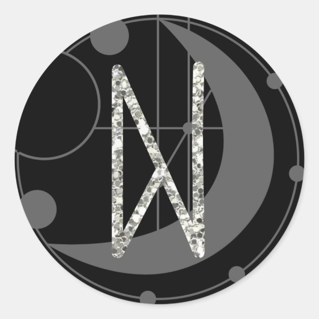 Pegatina Redonda Letra N Rune Monograma geométrico luna rúnica negr (Anverso)