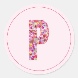 Pegatina Redonda Letra P de monograma floral rosa elegante moderno