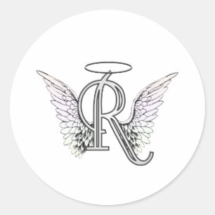 Pegatina Redonda Letra R Monograma inicial con Angel Wings & Halo