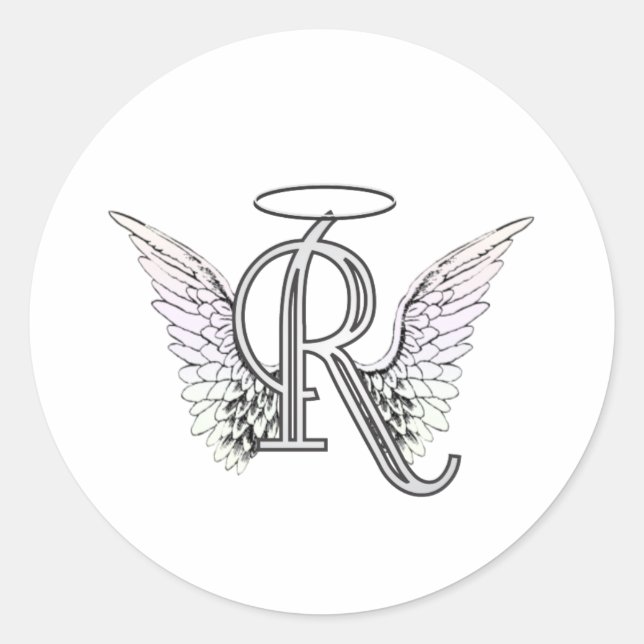 Pegatina Redonda Letra R Monograma inicial con Angel Wings & Halo (Anverso)