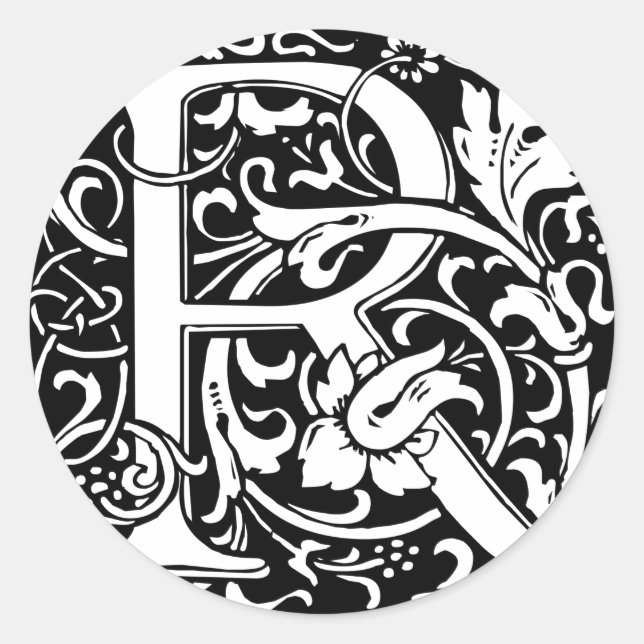 Pegatina Redonda Letra R Monograma medieval Art Nouveau (Anverso)