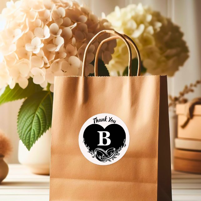 Pegatina Redonda Letra simple B Boda de follaje cardíaco Gracias (Simple Letter B Heart Foliage Wedding Thank You Classic Round Sticker)