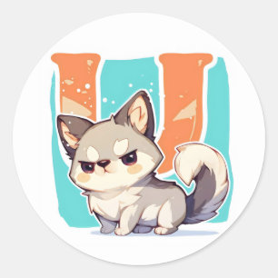 Pegatina Redonda Letra U Anime Perro Gruñón