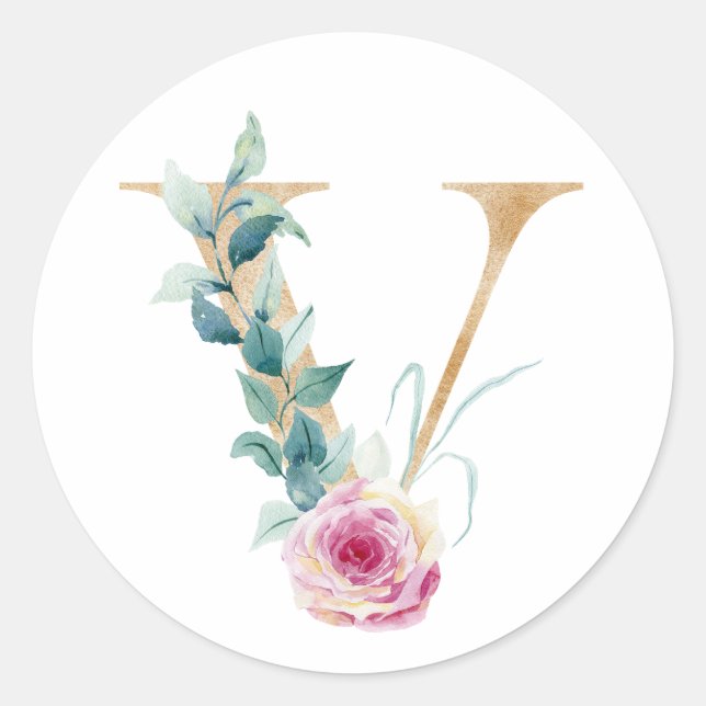 Pegatina Redonda Letra V en acuarela con rosas. Personaliza añadien (Anverso)