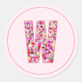 Pegatina Redonda Letra W Monograma Floral Rosa Elegante Moderna