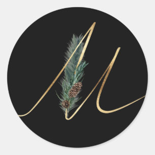 Pegatina Redonda letra xmas de monograma de invierno M