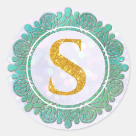 Pegatina Redonda Letras Iniciales de Monograma Elegante con Mandala