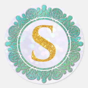 Pegatina Redonda Letras Iniciales de Monograma Elegante con Mandala