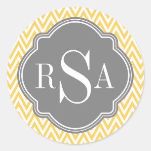 Pegatina Redonda Letras iniciales del monograma gris amarillo de