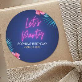 Pegatina Redonda Let's Party Neon Electric Pink Birthday Woman