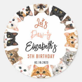 Pegatina Redonda Let's Pawty Cat 5th Birthday | Custom Birthday Kid