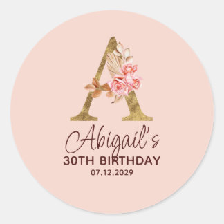 Pegatina Redonda Letter A Gold Monogram Blush Pink Roses