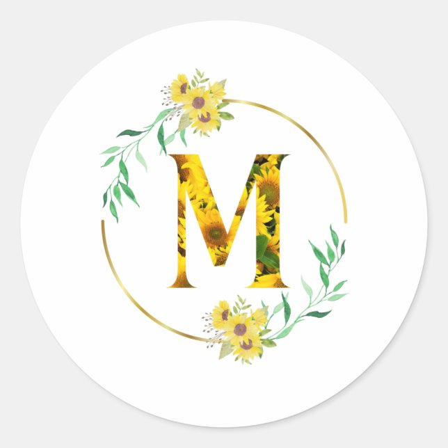 Pegatina Redonda Letter M Sunflower pattern  (Anverso)