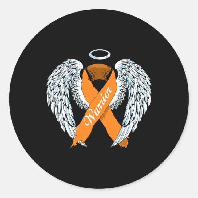 Pegatina Redonda Leukemia Awareness Warrior Naranja Ribbon y Angel (Anverso)