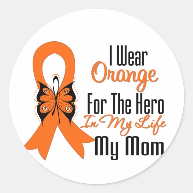 Pegatina Redonda Leukemia Naranja Ribbon Hero My Mom (Anverso)