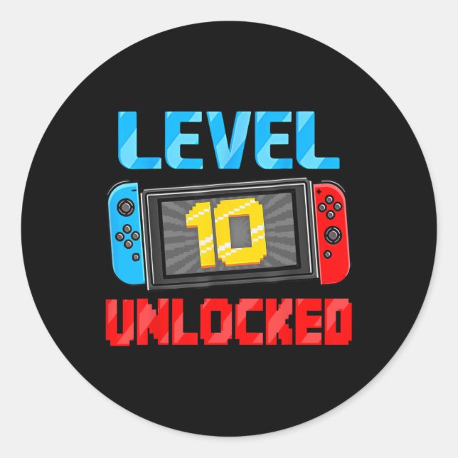 Pegatina Redonda Level 10 Unlocked Gamer 10th Birthday Gift Video G (Anverso)