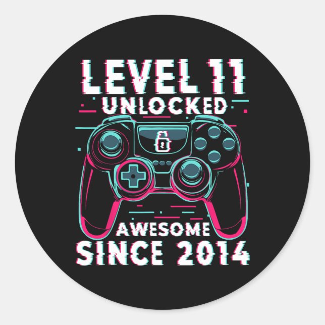 Pegatina Redonda Level 11 Unlocked Video Game 11th Birthday Gamer B (Anverso)