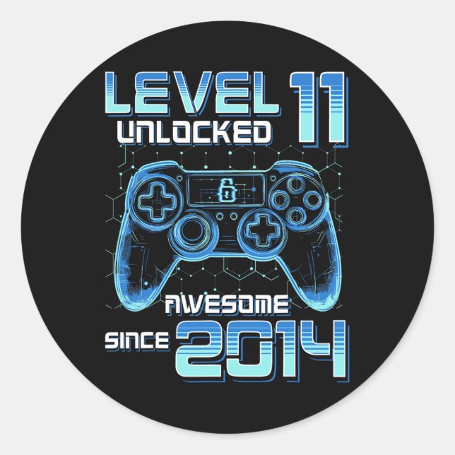 Pegatina Redonda Level 11 Unlocked Video Game Party 11th Birthday G (Anverso)