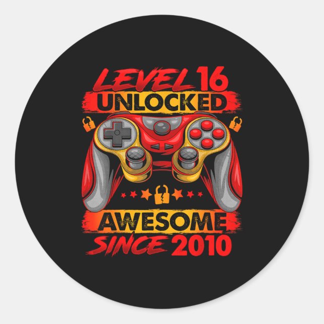 Pegatina Redonda Level 16 Unlocked 16 Year Old Boys 16th Birthday B (Anverso)