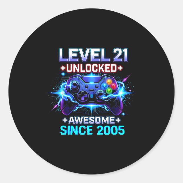 Pegatina Redonda Level 21 Unlocked Awesome Since 2005 21st Birthday (Anverso)